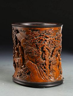 A Carved HuangYangMu Brushpot