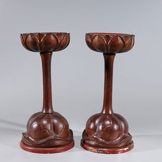 Pair of Antique Chinese Carved Wood Lotus Stands