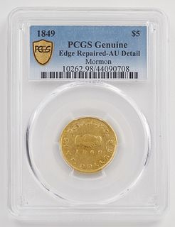 1849 Mormon $5 Gold Coin PCGS AU Detail Gen. N98