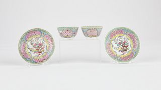 Pr: 18th c. Chinese Porcelain Famille Rose Cups and Saucers