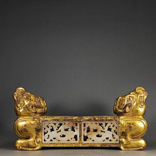 A Gilt Gold with Jade Inaly Pillow Shaped Ornament