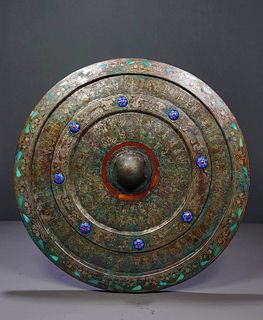 A Round Bronze With Gold Inlay Mirror