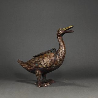 A Bronze with Gold Inlay Duck Figurine