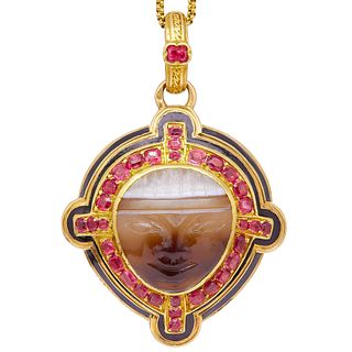 ANTIQUE CARVED AGATE, RUBY AND ENAMEL LOCKET PENDANT