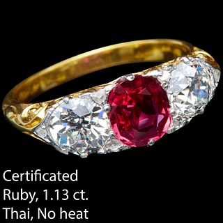 IMPORTANT 1.12 CT. RUBY OF EXCEPTIONAL COLOUR AND CLARITY, AND DIAMOND 3-STONE RING