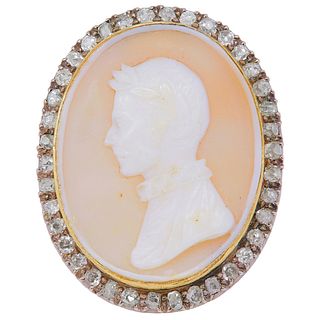 EARLY VICTORIAN CARVED SHELL CAMEO AND DIAMOND BROOCH