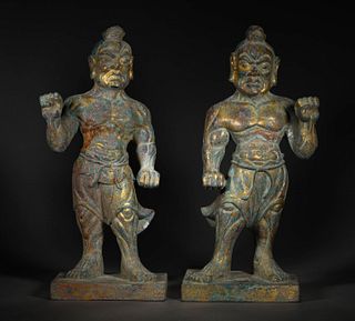 Two Gilt Bronze Warrior Statues