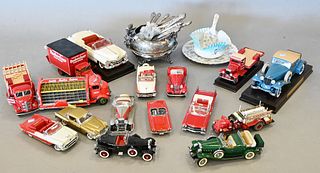 Large Grouping, to include 16 model cars, silverplate including bowl mounted with squirrels, satin glass bowl, high wheel bike button set, along with 