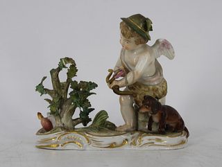 Meissen Porcelain Grouping Of A Cupid With A Dog