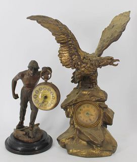 2 Antique Gilt Metal Figural Clocks.
