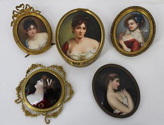 4 Framed Miniatures On Porcelain And A Box.
