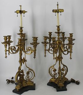 A Fine Pair of Gilt Bronze Candelabra As Lamps.