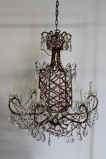 Six Light Red Glass Beaded Crystal Chandelier