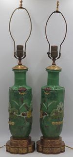 Pair of Asian Green and Yellow High Relief Vases.