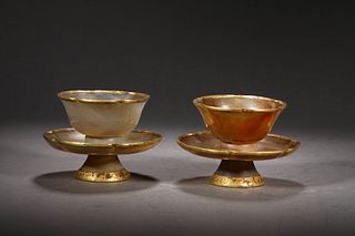 A Pair of Agate with Gold Cup cum Saucers