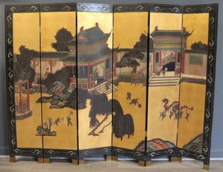 6-Panel Asian Lacquered and Gilt Floor Screen.