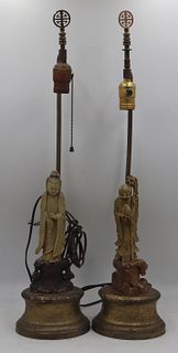 Pair of Asian Carved Soapstone Figural Lamps.