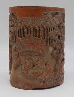 Signed Carved Asian Brush Pot with Figures.