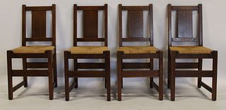 4 L & J Stickley Signed Oak Arts & Crafts Chairs.