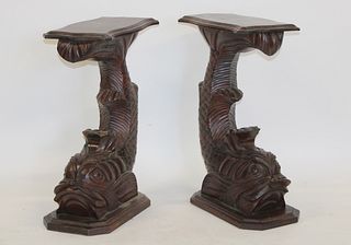 2 Antique Carved Dolphin Form Side Tables.