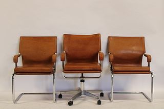 3 Midcentury Chrome And Tan Leather Chairs.