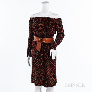 Saint Laurent Rive Gauche Leopard-print Silk Off-the-shoulder Dress with Brown Leather Belt