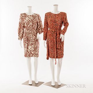 Two Saint Laurent Rive Gauche Silk Animal-print Dresses
