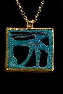 EGYPTIAN FAIENCE WEDJAT IN LATER GOLD PENDANT