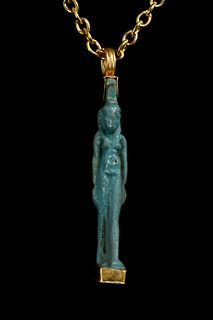 EGYPTIAN FAIENCE ISIS AMULET IN LATER GOLD PENDANT