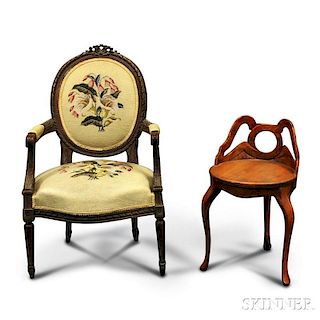 Louis XVI-style Needlepoint-upholstered Carved Fauteuil and an Oak Stool