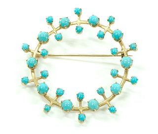 Yellow Gold and Turquoise Brooch Pin