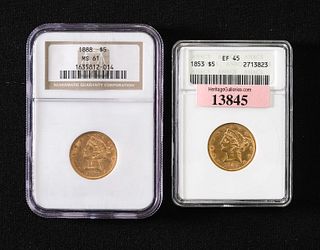 2 United States Liberty Head $5 Gold Coins