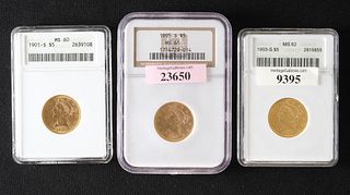 3 United States Liberty Head $5 Gold Coins
