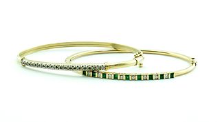 2 Bangle Bracelets - Diamonds, Emeralds