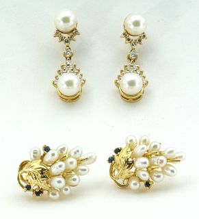 2 pairs 14k Gold & Pearl Earrings - Diamonds