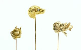 3 Yellow Gold Stick Pins - Dogs
