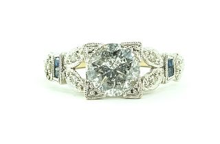 14K Art Deco Diamond Sapphire Engagement Ring
