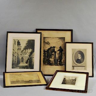 Five Framed European Engravings and Etchings.