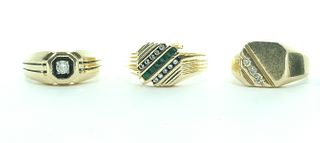 Three 14K Men's Dress Rings - Diamonds, Emerald