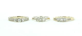 Three 14K Three-Stone Diamond Engagement Rings