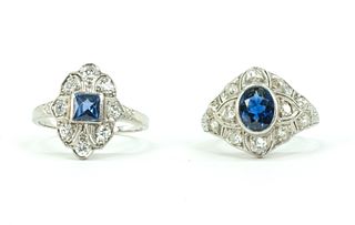 Two Art Deco Sapphire, Diamond, Platinum Rings
