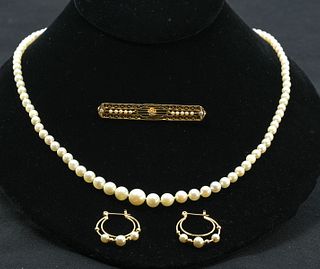 Cultured Pearl Lot - Necklace, Earrings, Pins