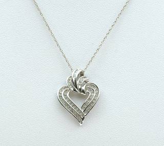 14K White Gold Necklace & Heart Pendant - Diamonds