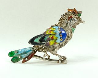 Chinese Silver & Enamel Bird Brooch Pin