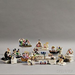 Twenty-five Staffordshire Ceramic Figures and Figural Boxes.