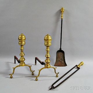 Pair of Brass Ring-turned Andirons, a Shovel, and a Pair of Tongs