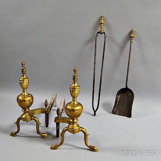 Pair of Brass Urn-top Andirons, a Shovel, and a Pair of Tongs.