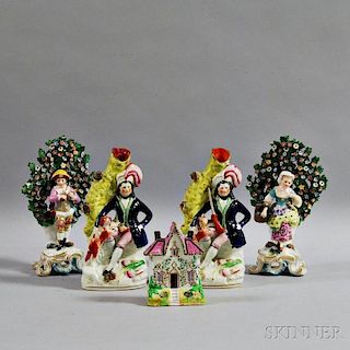 Two Pairs of Porcelain Figures and Cottage Bank