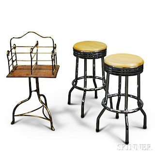 Pair of Chrome Stools and a Brass and Oak Book Rack.