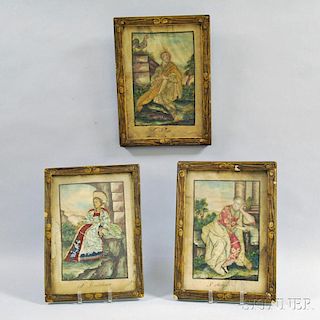 Three Framed Watercolor and Silk Pictures of Saints